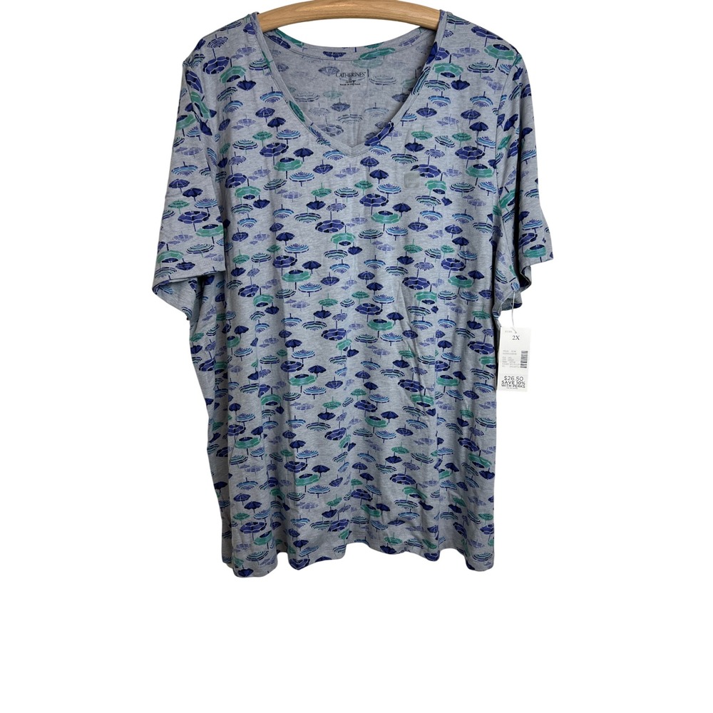 Catherines V-Neck T-Shirt Women 2X Gray Beach Umbrella Print Short Sleeve G14
